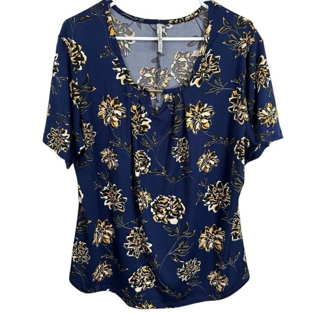 April USA Womens 2XL Navy Blue Yellow Floral Short Sleeve Keyhole Blouse Top‎